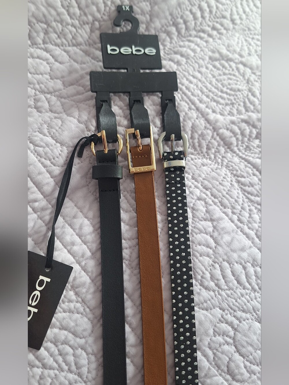 bebe Women’s Belt Set – Black, Brown & Black with Silver Dot